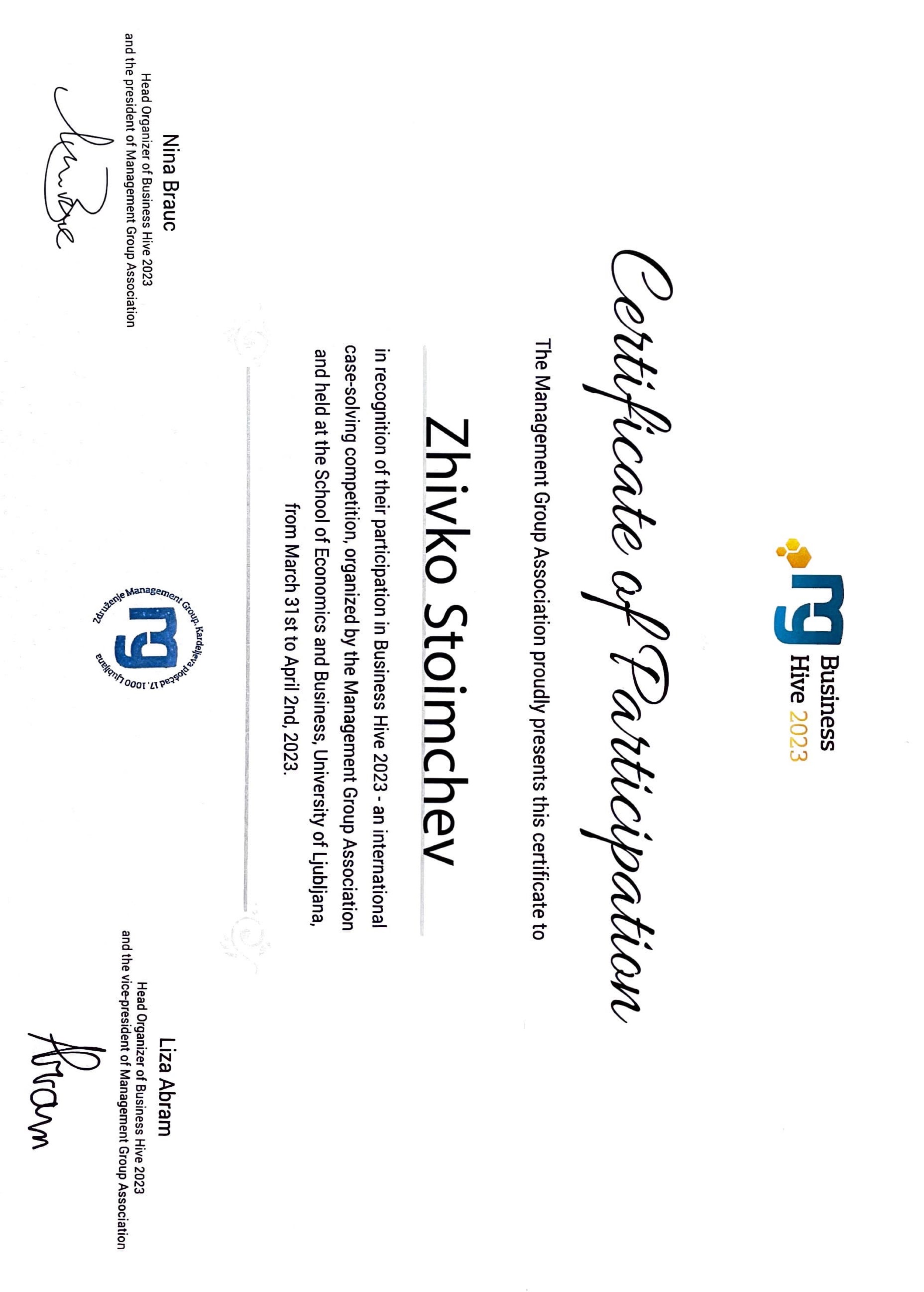 BusinessHive certificate