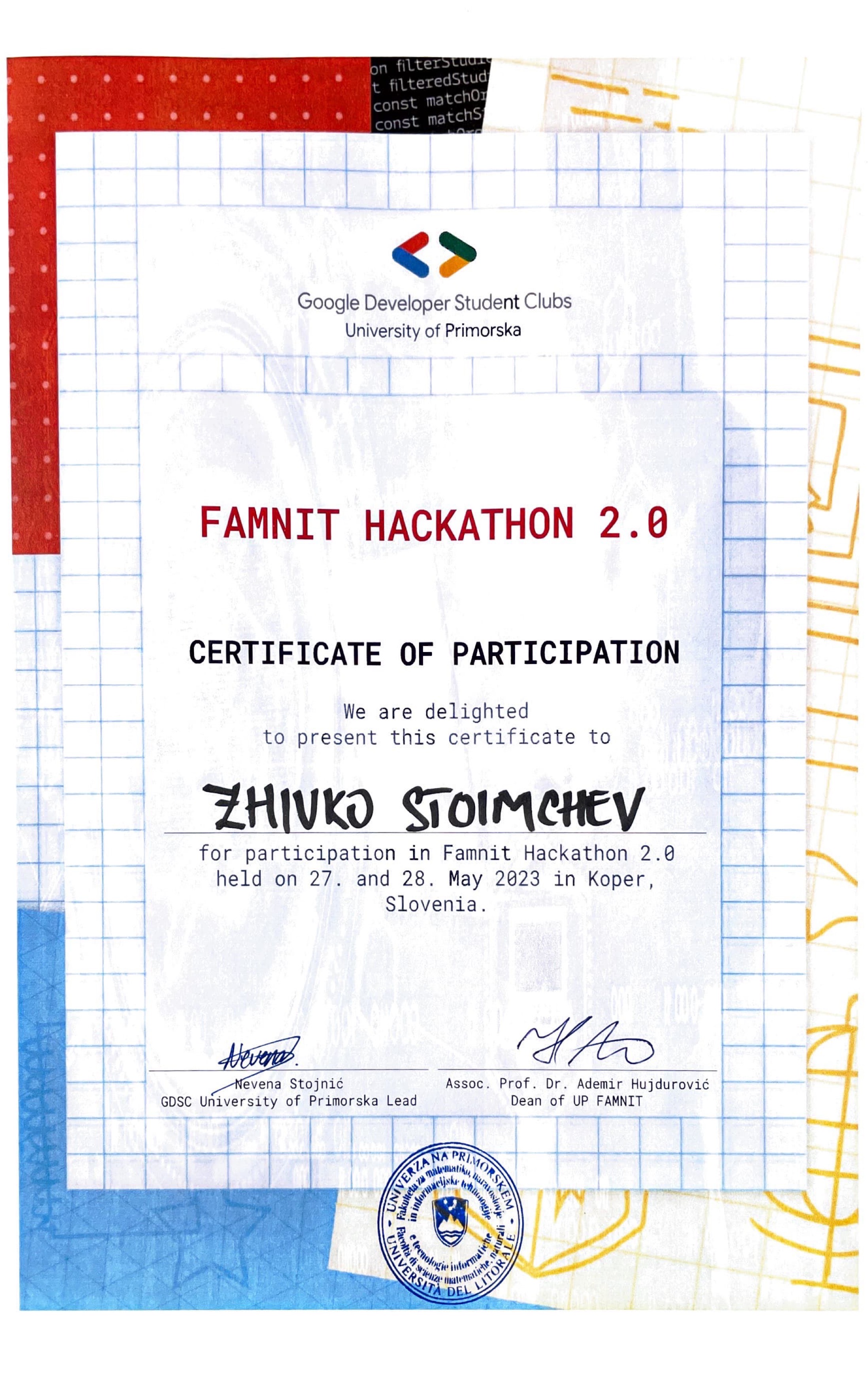 GDSC Hackathon 2.0 certificate